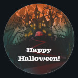 Haunted House Graveyard Halloween Party Classic Round Sticker<br><div class="desc">customise with any text. The Halloween Party Text is removable or can be re-positioned.
Created by:Brochure vector created by Freepik</div>