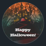 Haunted House Graveyard Halloween Party Classic Round Sticker<br><div class="desc">customise with any text. The Halloween Party Text is removable or can be re-positioned.
Created by:Brochure vector created by Freepik</div>