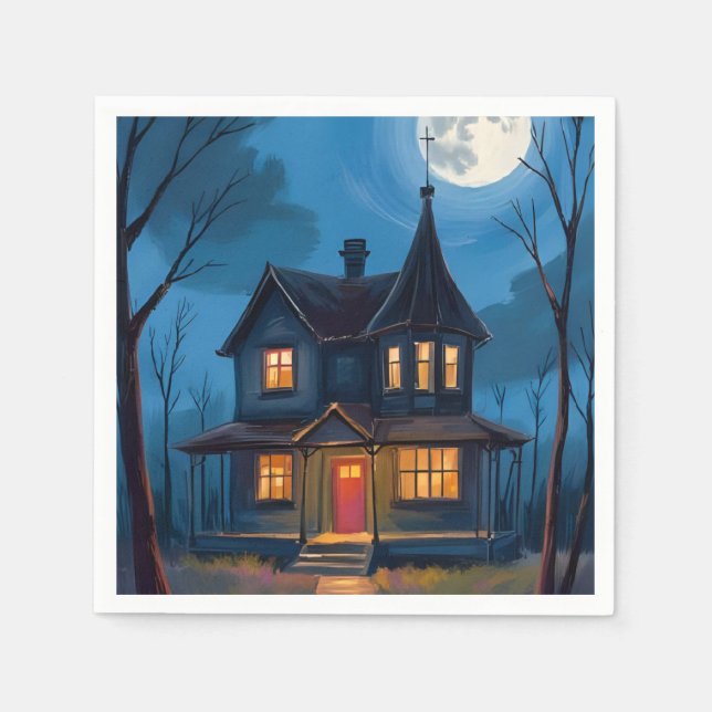 Haunted House Halloween Hand-Painted Napkin (Front)