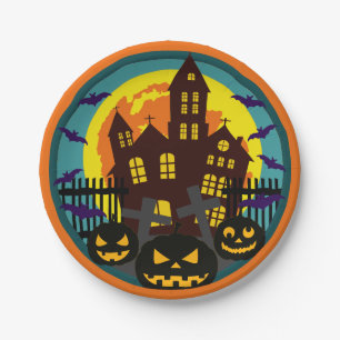 Haunted House Halloween Night Spooky Design Paper Plate
