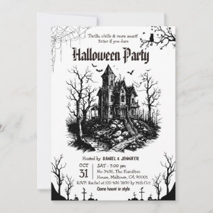 Haunted House Halloween Party Black White Gothic Invitation