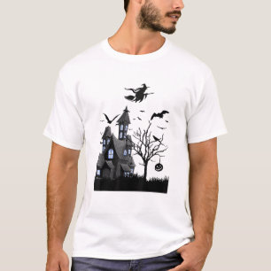 Haunted House Halloween T-Shirt Flying Bats, Witch