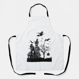Haunted House Halloween T-Shirt Flying Bats, Witch Apron