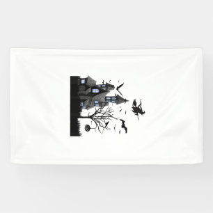 Haunted House Halloween T-Shirt Flying Bats, Witch Banner