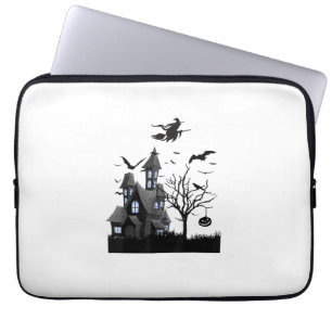 Haunted House Halloween T-Shirt Flying Bats, Witch Laptop Sleeve