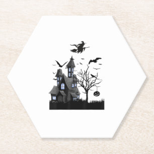 Haunted House Halloween T-Shirt Flying Bats, Witch Paper Coaster