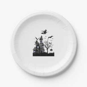Haunted House Halloween T-Shirt Flying Bats, Witch Paper Plate