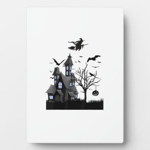 Haunted House Halloween T-Shirt Flying Bats, Witch Plaque