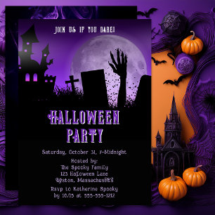Haunted House Halloween Zombie Purple Moon Party Invitation