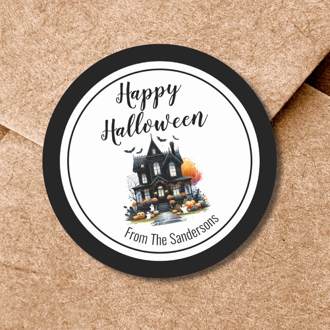 Haunted House Happy Halloween Classic Round Sticker (Haunted House Happy Halloween Classic Round Sticker)