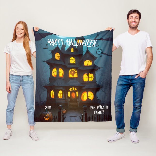 Haunted House Happy Halloween Family Name | Year Fleece Blanket (In Situ)