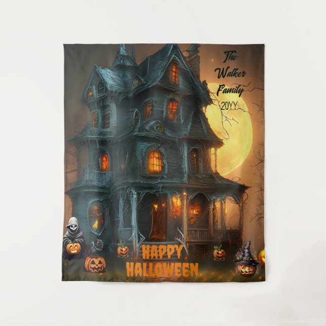 Haunted House Happy Halloween Family Name | Year Tapestry (Front)