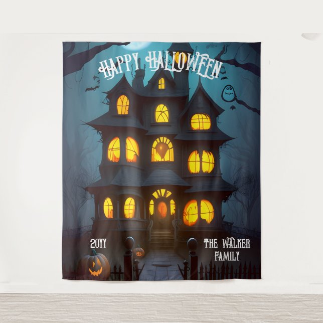 Haunted House Happy Halloween Family Name | Year Tapestry (Front)