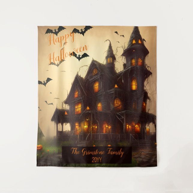 Haunted House Happy Halloween Family Name | Year Tapestry (Front)