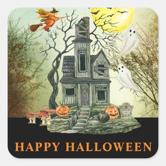 Haunted House Happy Halloween Square Sticker (Front)
