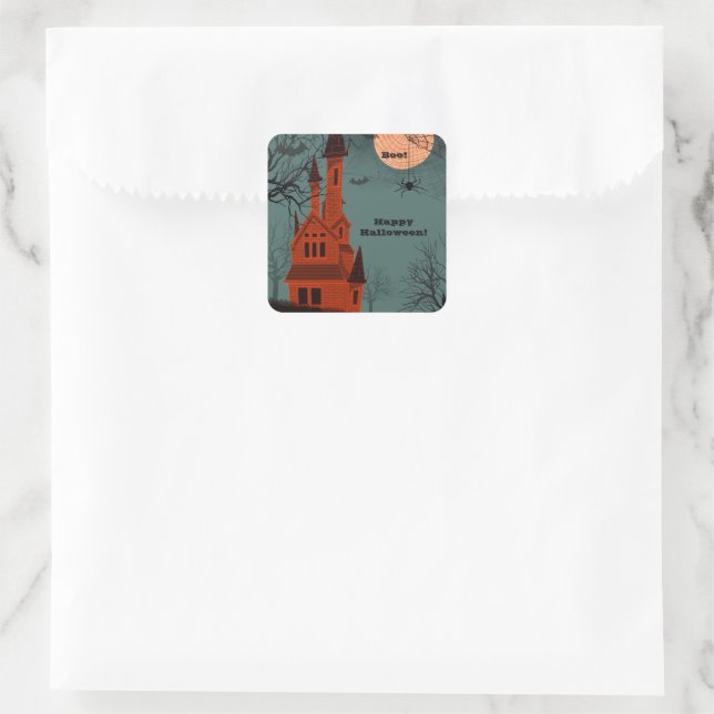 Haunted House Happy Halloween Text Cool Spooky Square Sticker (Bag)
