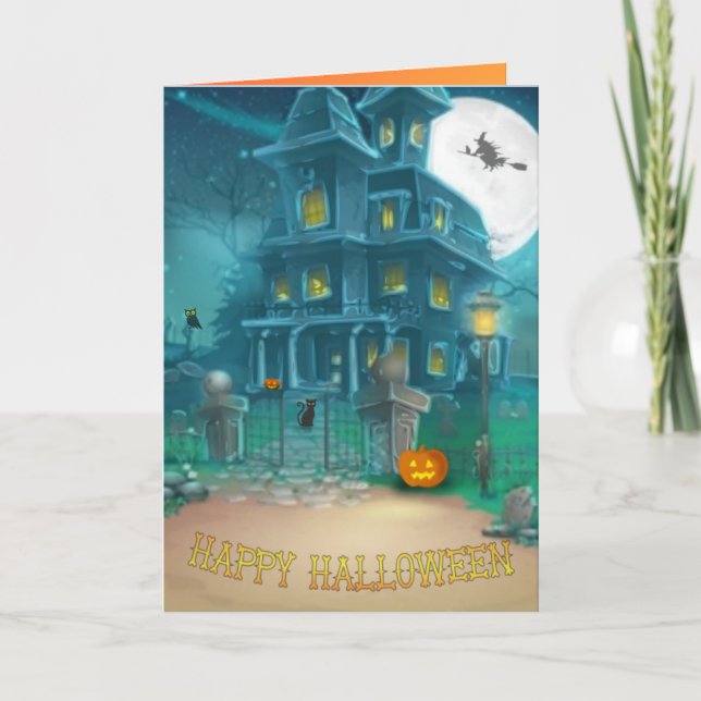 Haunted House Happy Halloween-witch, pumpkin, owl Card (Front)