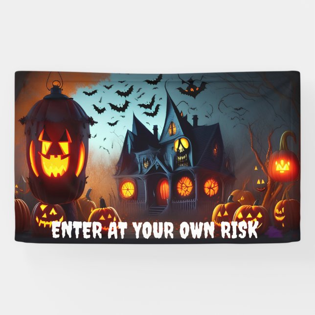 Haunted House, Jack-O-Lanterns and Bats  Banner (Horizontal)
