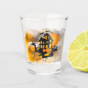 Haunted House Jack O'lanterns, Black Cat, Bats Shot Glass