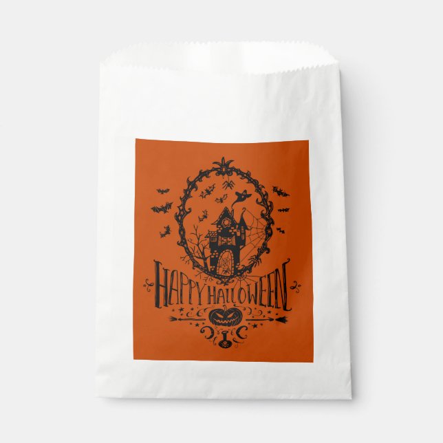 Haunted House Line Art Happy Halloween Orange Favour Bag (Front)