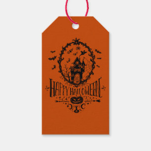 Haunted House Line Art Happy Halloween Orange Gift Tags