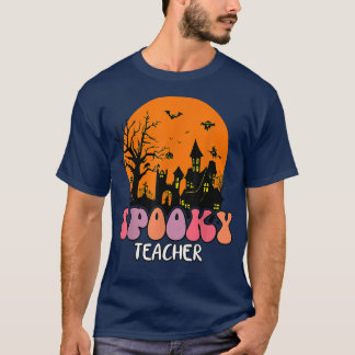Haunted House Moon Night Groovy Spooky Teacher Sea T-Shirt
