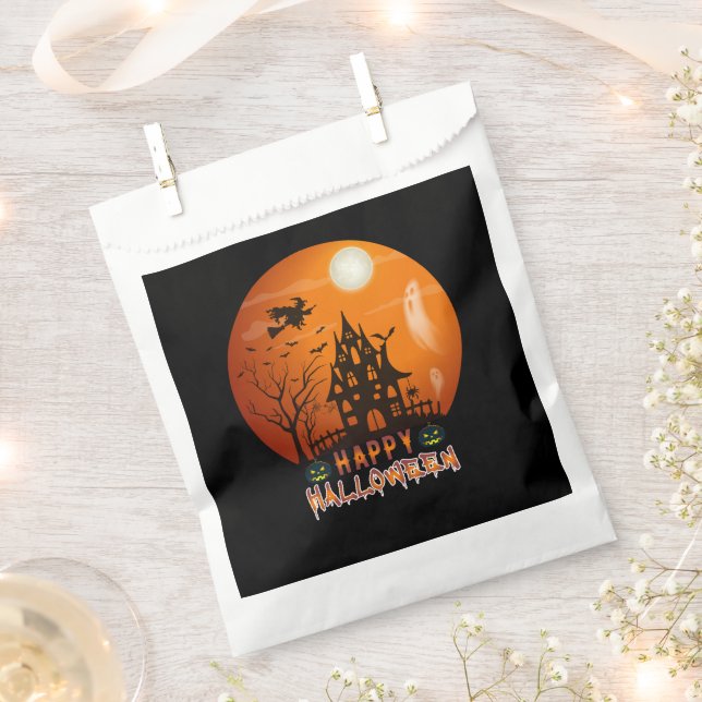 Haunted House Orange and Black Happy Halloween Favour Bag (Clipped)