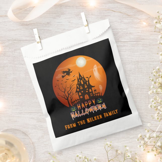 Haunted House Orange and Black Happy Halloween Favour Bag (Clipped)