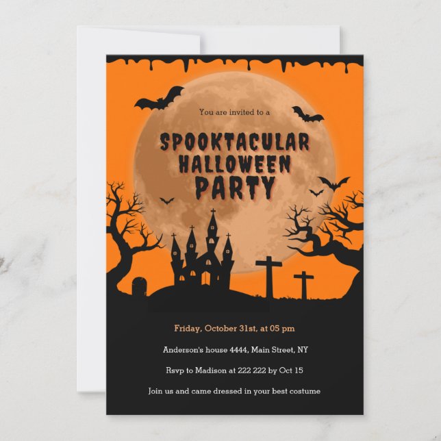 Haunted House Orange Moon Halloween  Invitation (Front)