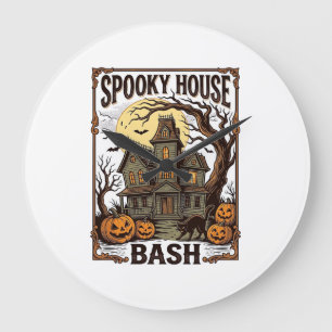 Haunted House Party Vintage Engraving Halloween De Large Clock