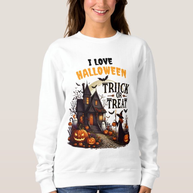 Haunted house path filled with pumpkins and ghosts sweatshirt (Front)