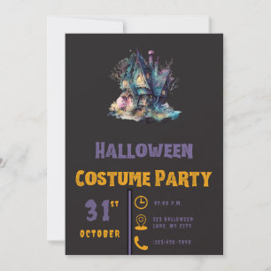 Haunted House Pink Green Modern Black Halloween Invitation