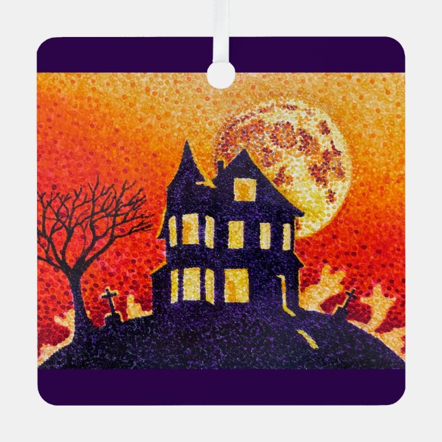 Haunted House Pointillism Halloween Metal Tree Decoration (Front)