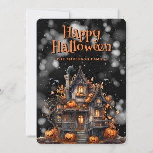 Haunted House Pumpkins Bats Happy Halloween Card