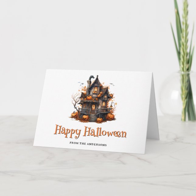 Haunted House Pumpkins Ghost Halloween Card (Front)