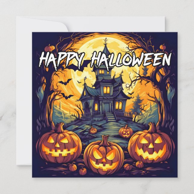 Haunted House & Pumpkins | Happy Halloween Card (Front)