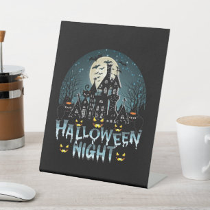 Haunted House, Scary Halloween Night Pedestal Sign