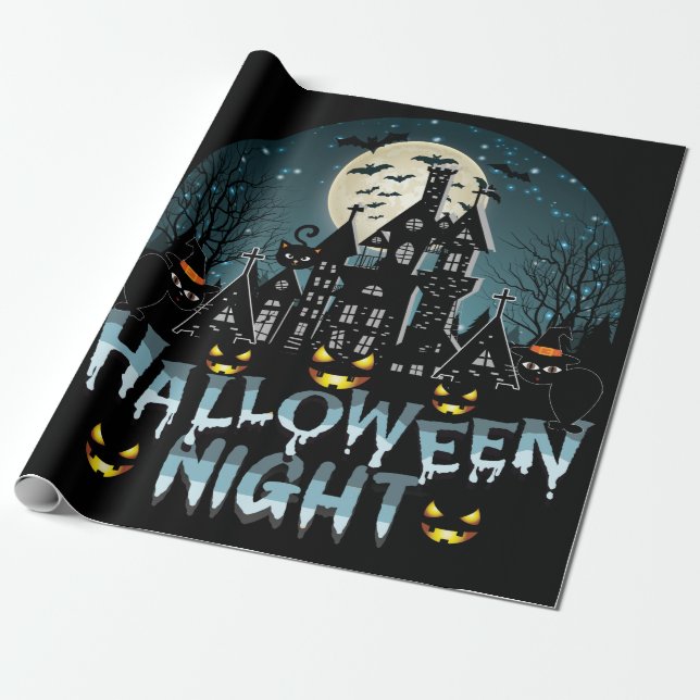 Haunted House, Scary Halloween Night Wrapping Paper (Unrolled)