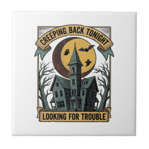 Haunted House Shirt with Engraved Spooky Manor Moo Ceramic Tile