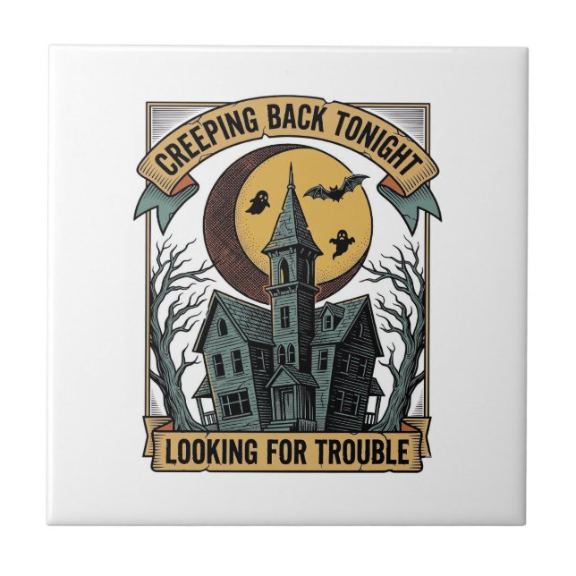 Haunted House Shirt with Engraved Spooky Manor Moo Ceramic Tile (Front)