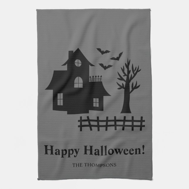 Haunted House Silhouette And Custom Text Halloween Tea Towel (Vertical)
