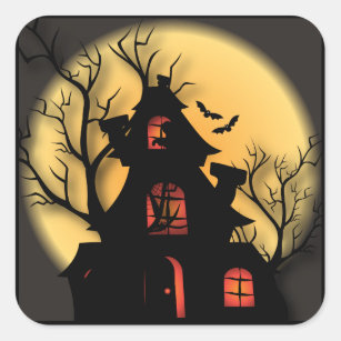 Haunted House Silhouette   Halloween Square Sticker