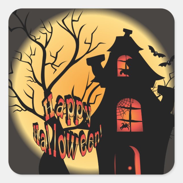 Haunted House Silhouette | Happy Halloween Square Sticker (Front)
