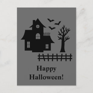 Haunted House Silhouette With Bats Grey Halloween Postcard