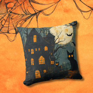Haunted House Spooky Cat Full Moon Halloween Cushion