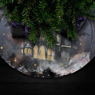 Haunted House   Spooky Full Moon Tree and Bats Brushed Polyester Tree Skirt