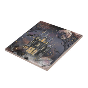 Haunted House   Spooky Full Moon Tree and Bats Ceramic Tile