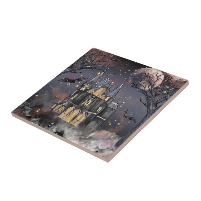 Haunted House | Spooky Full Moon Tree and Bats Ceramic Tile (Side)