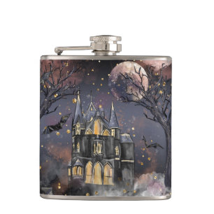 Haunted House Spooky Full Moon Tree and Bats Hip Flask