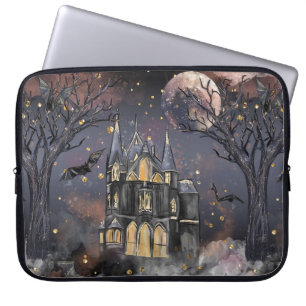 Haunted House   Spooky Full Moon Tree and Bats Laptop Sleeve